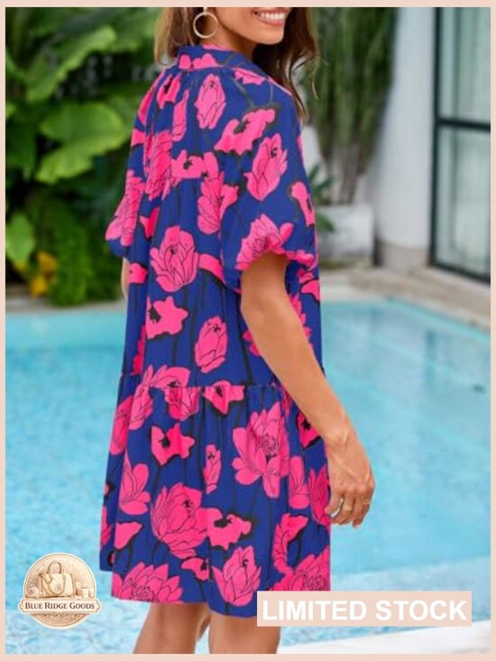 Floral Button Down Shirt Dress Puff Sleeve Loose Fit Mini Casual Boho Summer - Picture 4 of 7